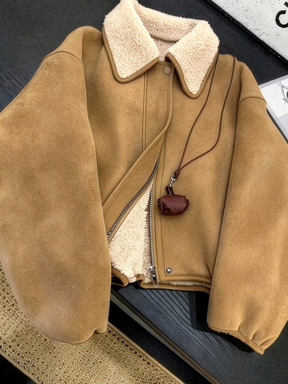 Khaki Casual Women's Oversized Drop Shoulder Zipper Faux Suede Fleece Jacket